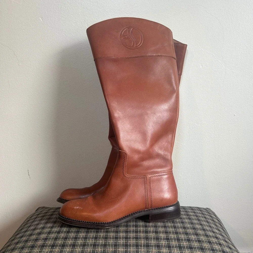 Franco Sarto Tall Riding Boots Womens 7.5 Cognac Leather Wide Calf Equestrian - Picture 1 of 5